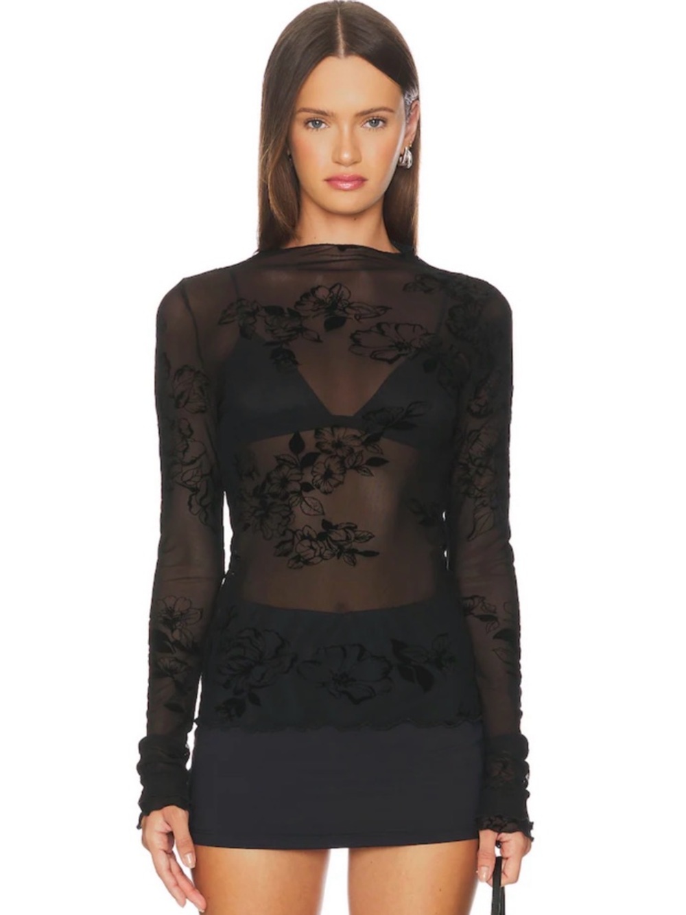 Free People You Decide Sheer Floral Mesh Long Sleeve Top - Black